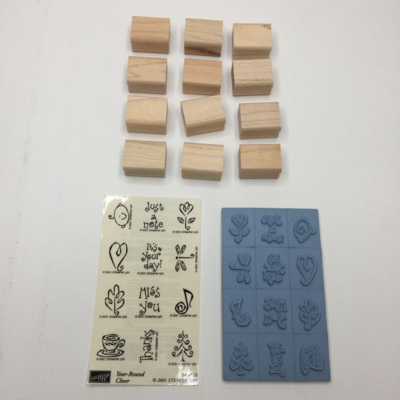 Vintage 2001 Stampin' Up! Set of 12 Mini 1" Wood Mounted Rubber Stamps DIY Kit - Picture 2 of 5